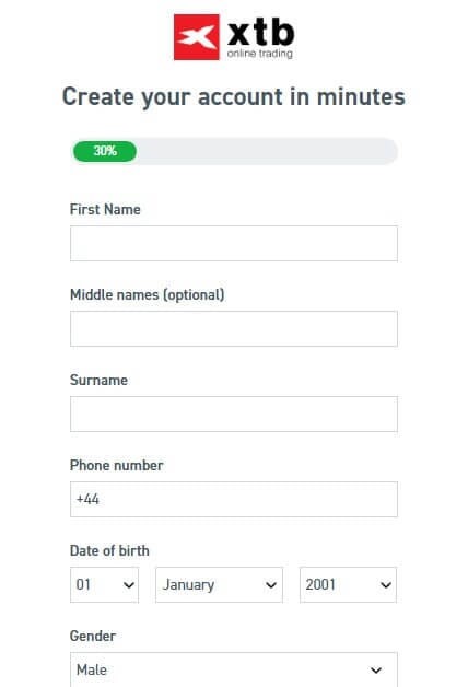 Biểu mẫu đăng ký tài khoản trực tiếp XTB